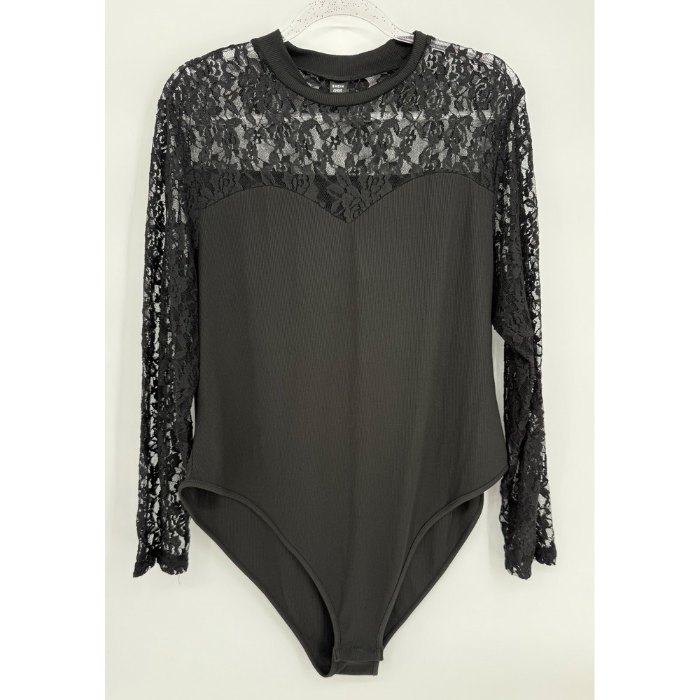 Shein Curve Womens Sz 4XL Black Ribbed Lace Yoke Long Sleeve Bodysuit